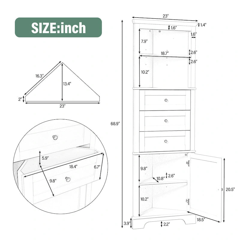 Triangle Tall Cabinet with 3 Drawers and Adjustable Shelves for Bathroom,