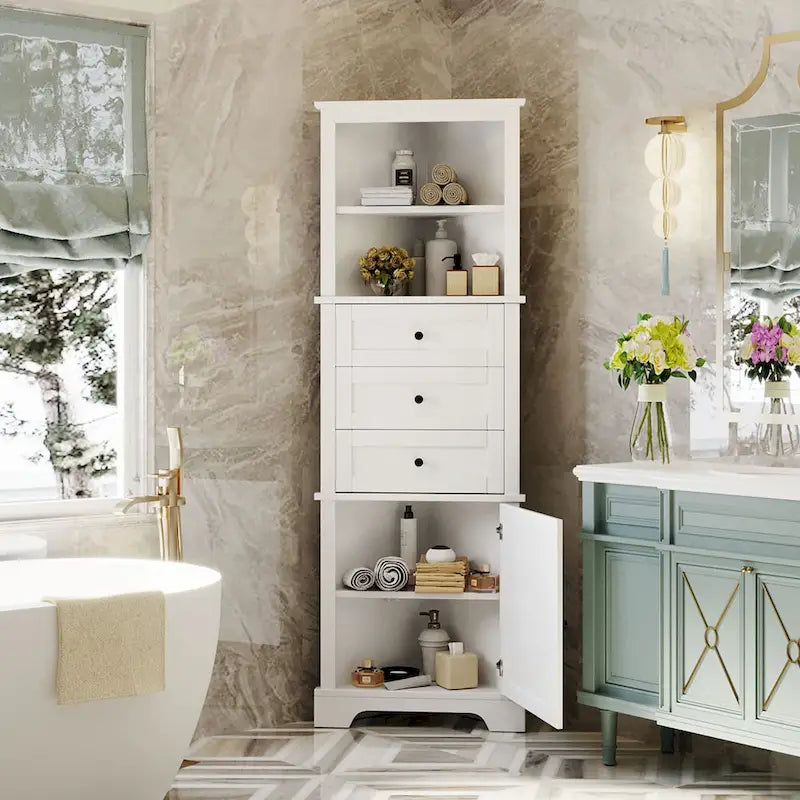 Triangle Tall Cabinet with 3 Drawers and Adjustable Shelves for Bathroom,