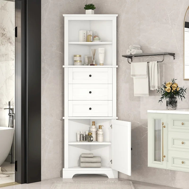 Triangle Tall Cabinet with 3 Drawers and Adjustable Shelves for Bathroom,