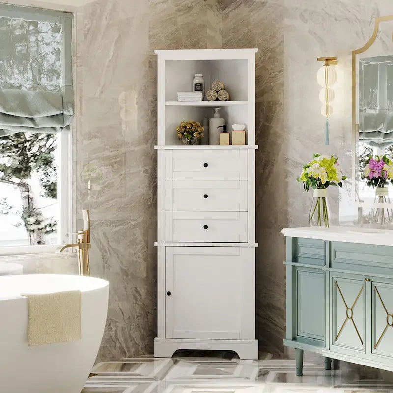 Triangle Tall Cabinet with 3 Drawers and Adjustable Shelves for Bathroom,