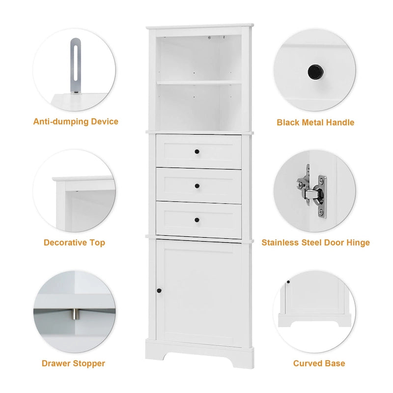 Triangle Tall Cabinet with 3 Drawers and Adjustable Shelves for Bathroom,