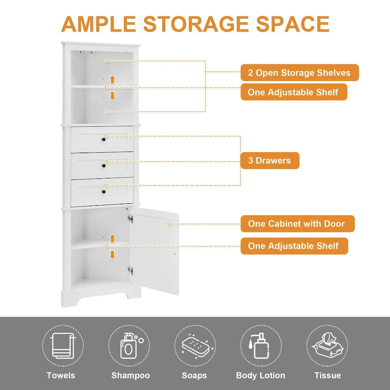 Triangle Tall Cabinet with 3 Drawers and Adjustable Shelves for Bathroom,
