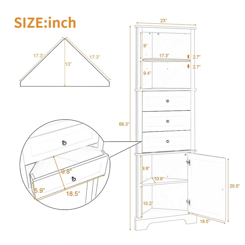 Triangle Tall Cabinet with 3 Drawers and Adjustable Shelves for Bathroom,