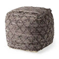 Grey Patterned Leather and Cotton Square Pouf, 16" x 16"