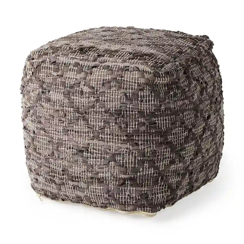 Grey Patterned Leather and Cotton Square Pouf, 16" x 16"