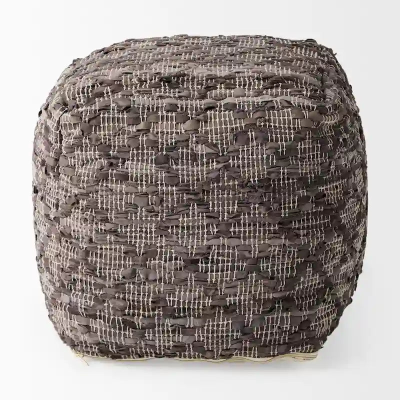 Grey Patterned Leather and Cotton Square Pouf, 16" x 16"