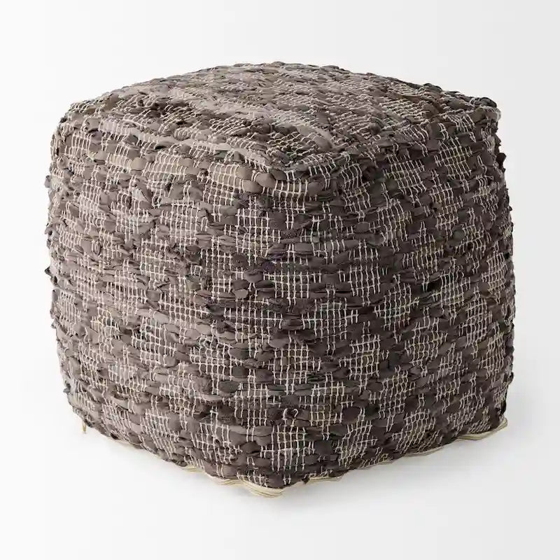 Grey Patterned Leather and Cotton Square Pouf, 16" x 16"