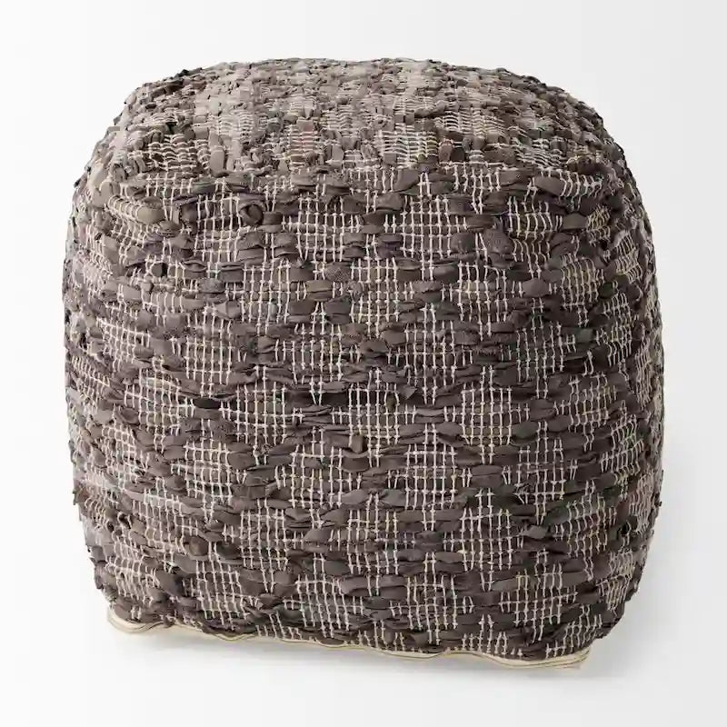 Grey Patterned Leather and Cotton Square Pouf, 16" x 16"