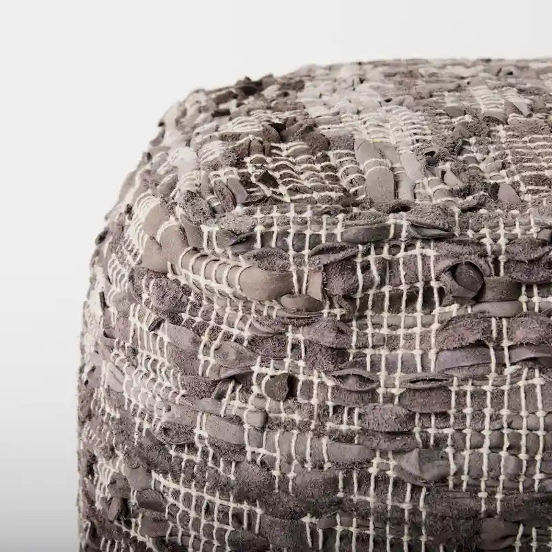 Grey Patterned Leather and Cotton Square Pouf, 16" x 16"