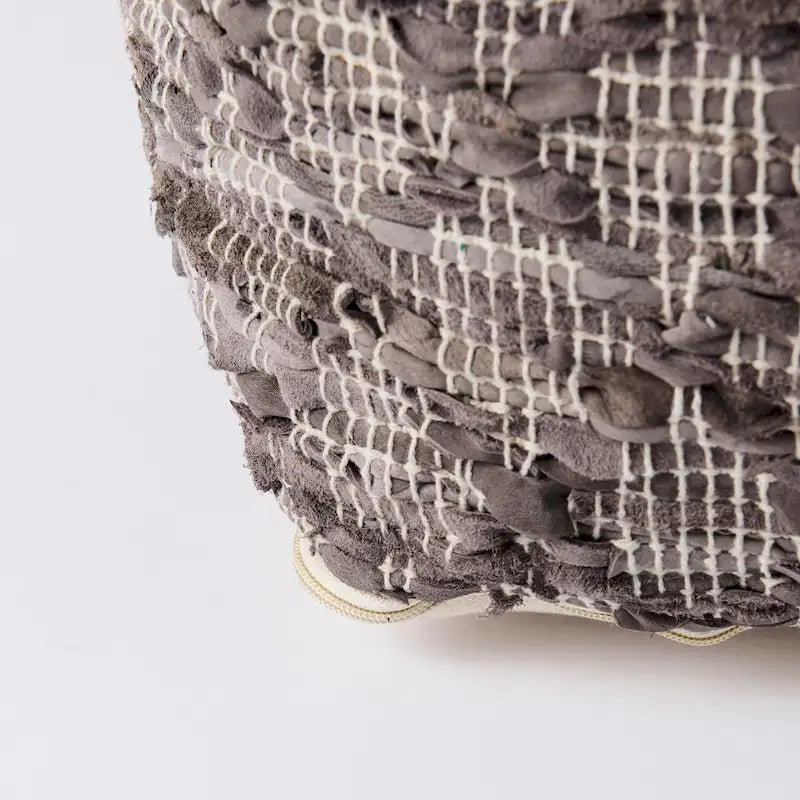Grey Patterned Leather and Cotton Square Pouf, 16" x 16"