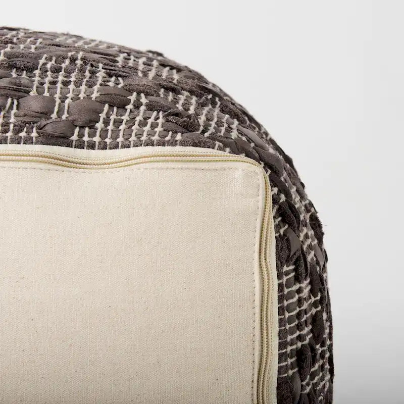 Grey Patterned Leather and Cotton Square Pouf, 16" x 16"