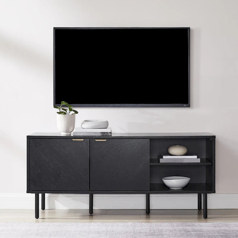 Record Storage Sideboard, Chevron Oak with Antique Brass Handles