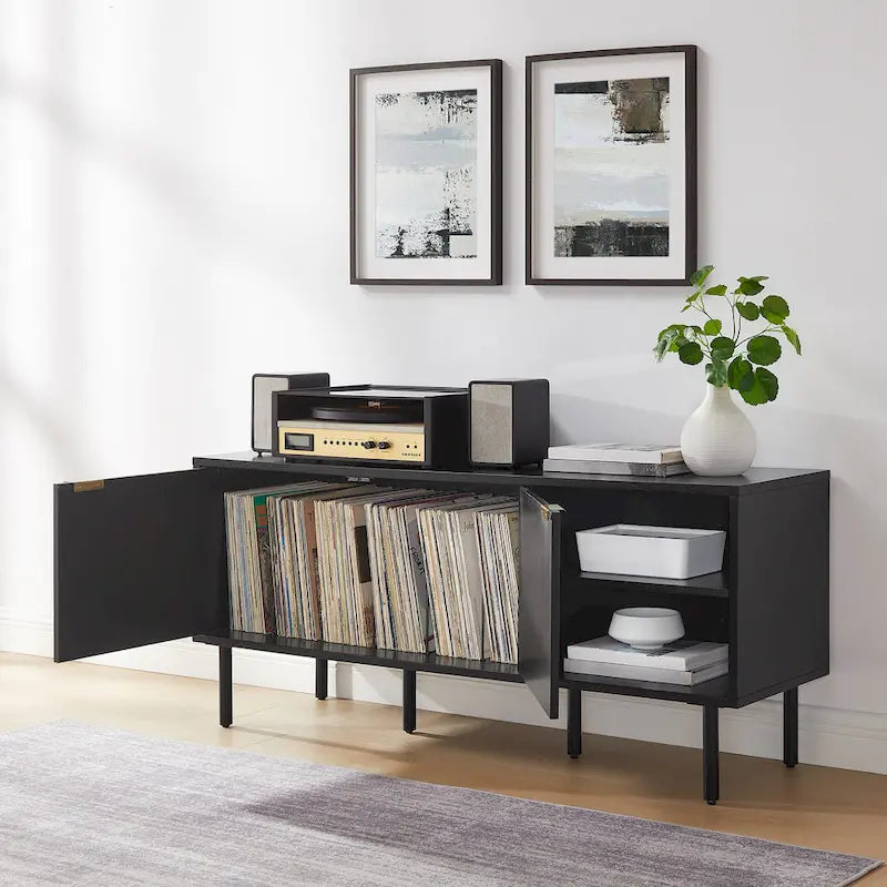Record Storage Sideboard, Chevron Oak with Antique Brass Handles