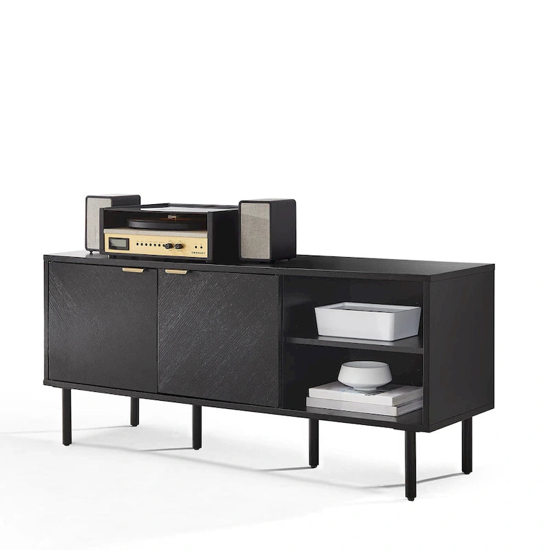 Record Storage Sideboard, Chevron Oak with Antique Brass Handles