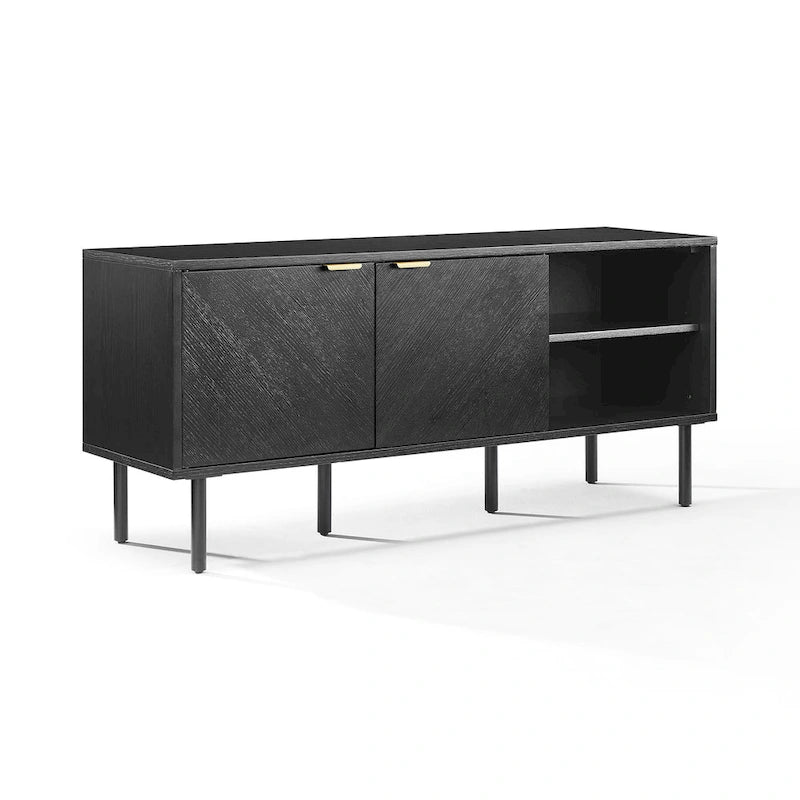 Schallplatten-Sideboard, Chevron-Eiche mit antikmessingfarbenen Griffen