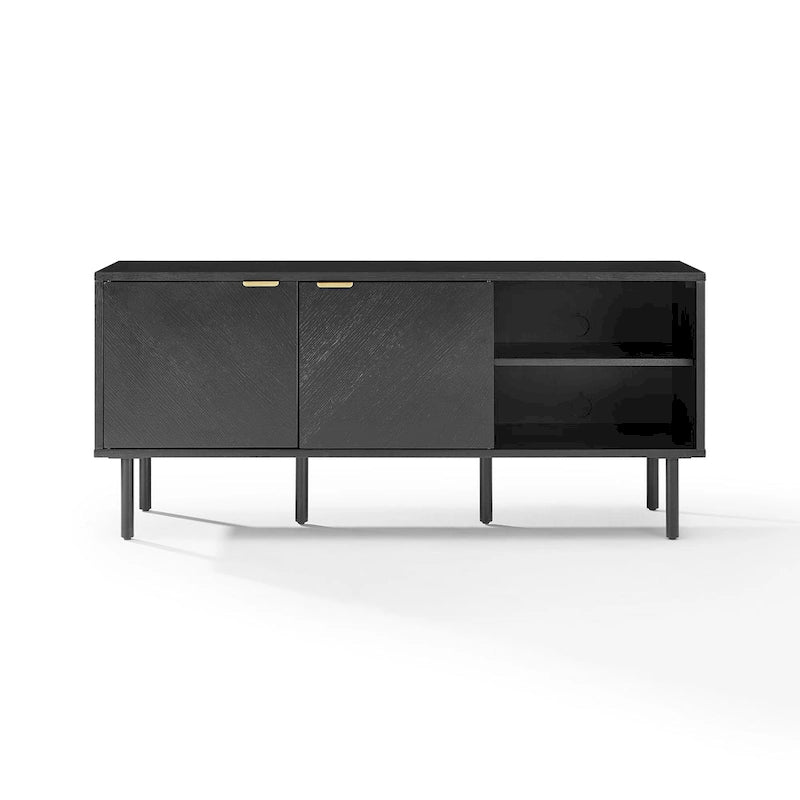 Schallplatten-Sideboard, Chevron-Eiche mit antikmessingfarbenen Griffen