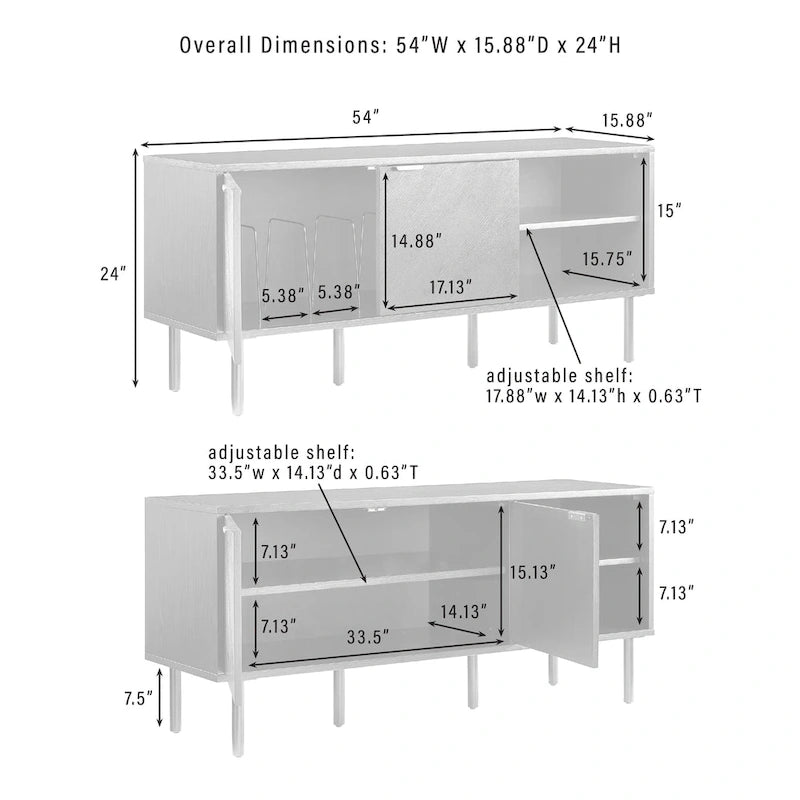 Schallplatten-Sideboard, Chevron-Eiche mit antikmessingfarbenen Griffen