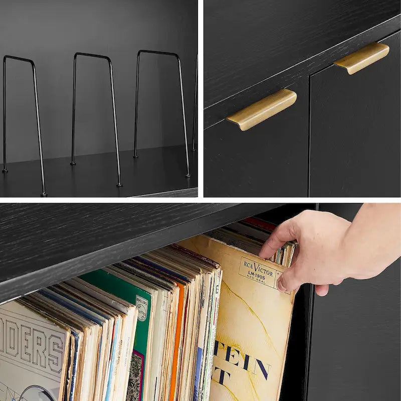 Schallplatten-Sideboard, Chevron-Eiche mit antikmessingfarbenen Griffen