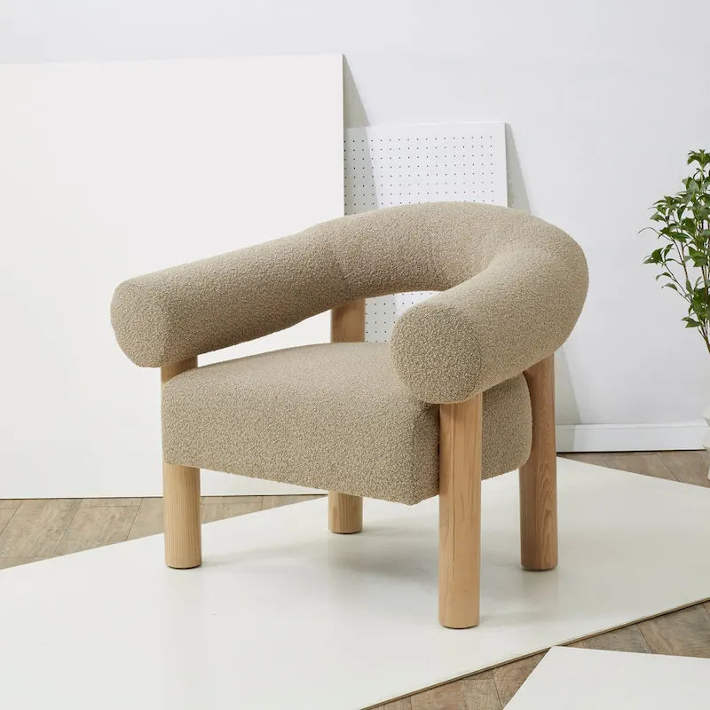 38" Boucle Accent Chair with Ash Wood Legs, Low Profile Deep Seat