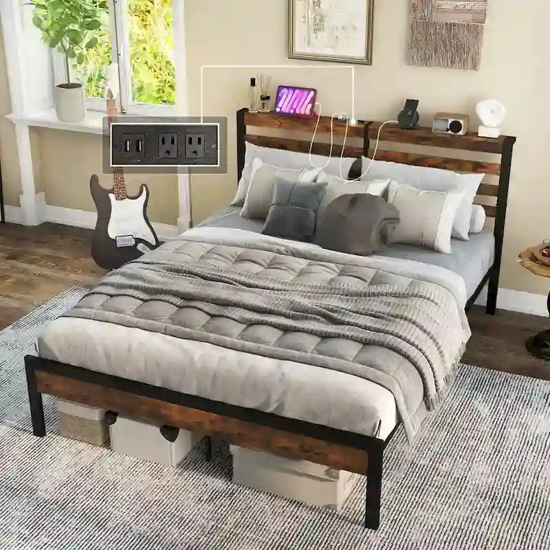Industrial Metal Platform Bed Frame with Charging Station