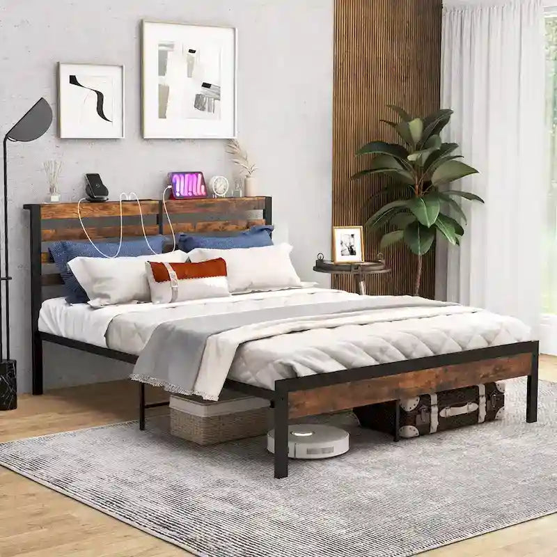 Industrial Metal Platform Bed Frame with Charging Station