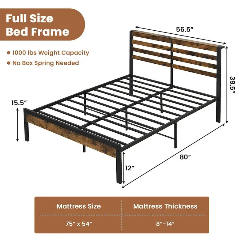 Industrial Metal Platform Bed Frame with Charging Station