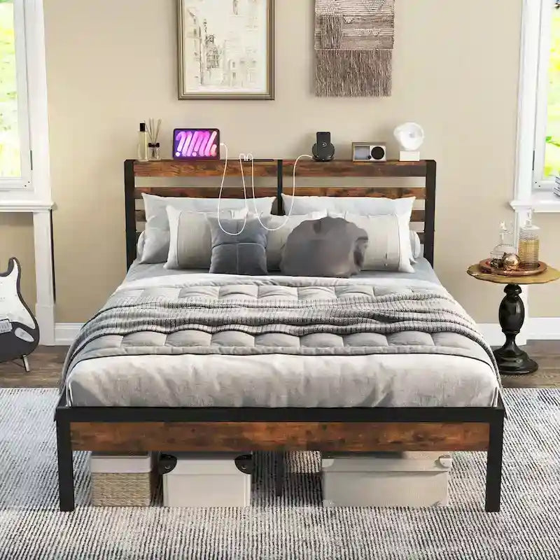 Industrial Metal Platform Bed Frame with Charging Station