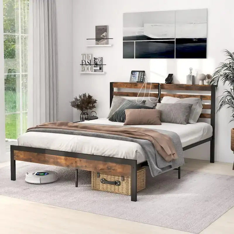 Industrial Metal Platform Bed Frame with Charging Station