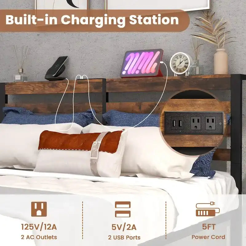 Industrial Metal Platform Bed Frame with Charging Station