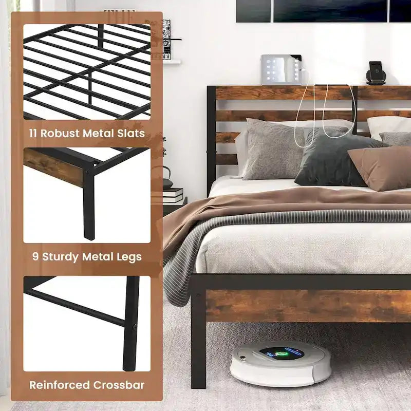 Industrial Metal Platform Bed Frame with Charging Station
