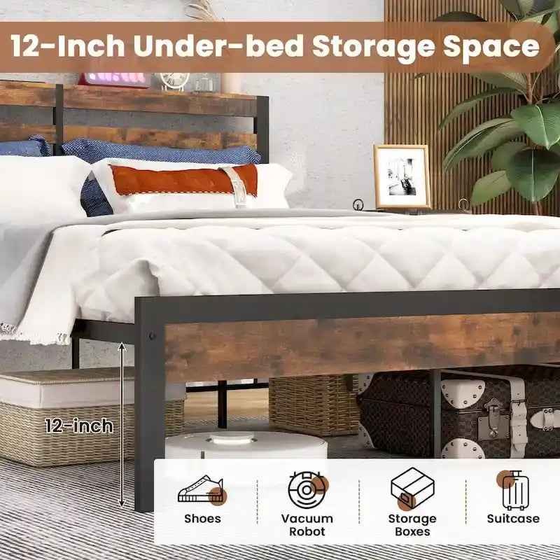 Industrial Metal Platform Bed Frame with Charging Station