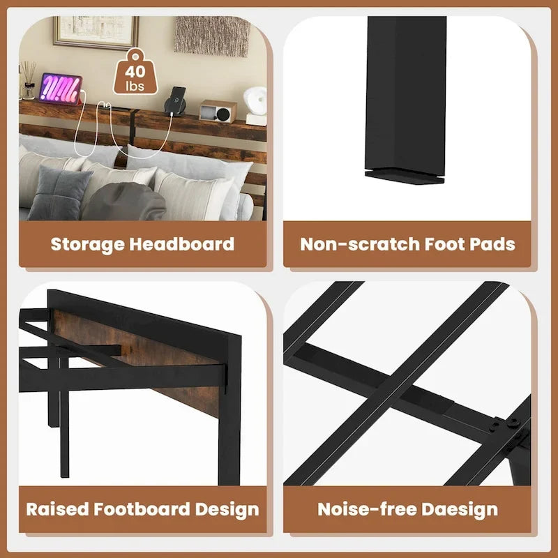 Industrial Metal Platform Bed Frame with Charging Station