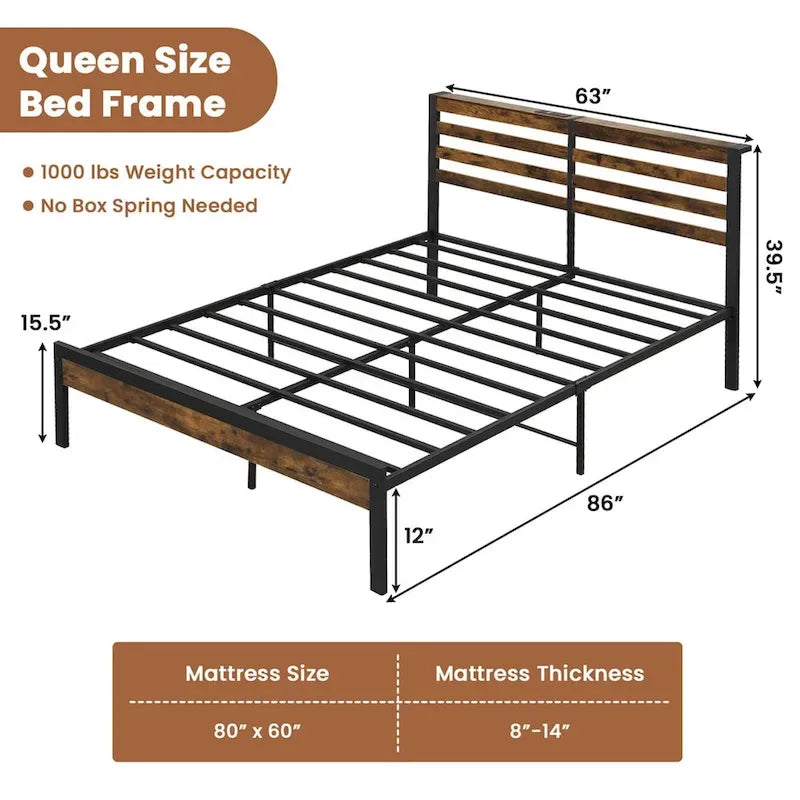 Industrial Metal Platform Bed Frame with Charging Station