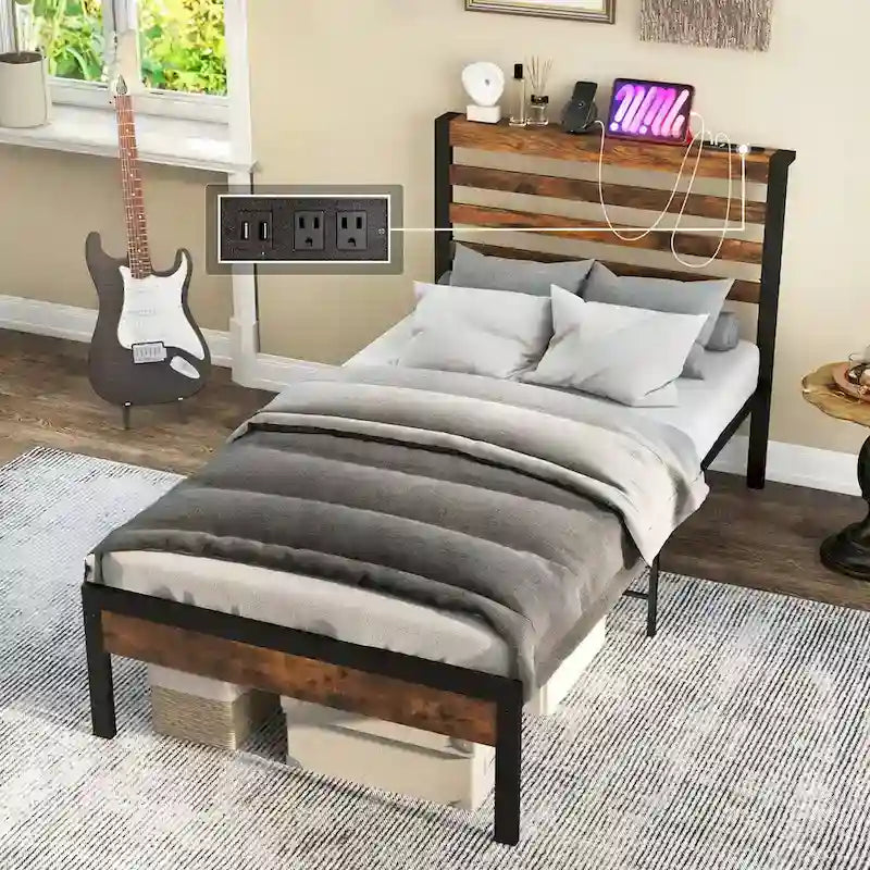 Industrial Metal Platform Bed Frame with Charging Station