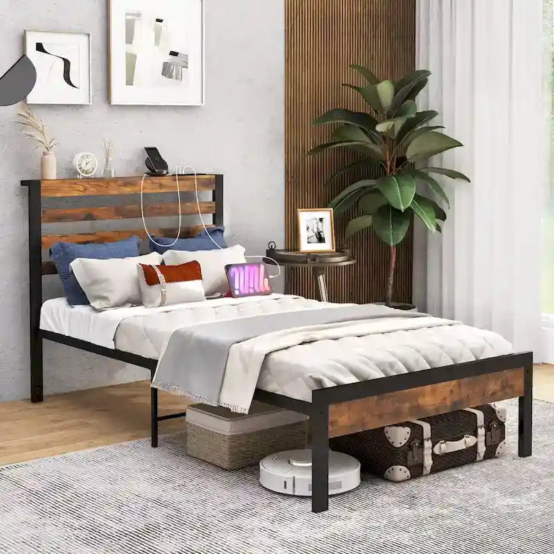 Industrial Metal Platform Bed Frame with Charging Station