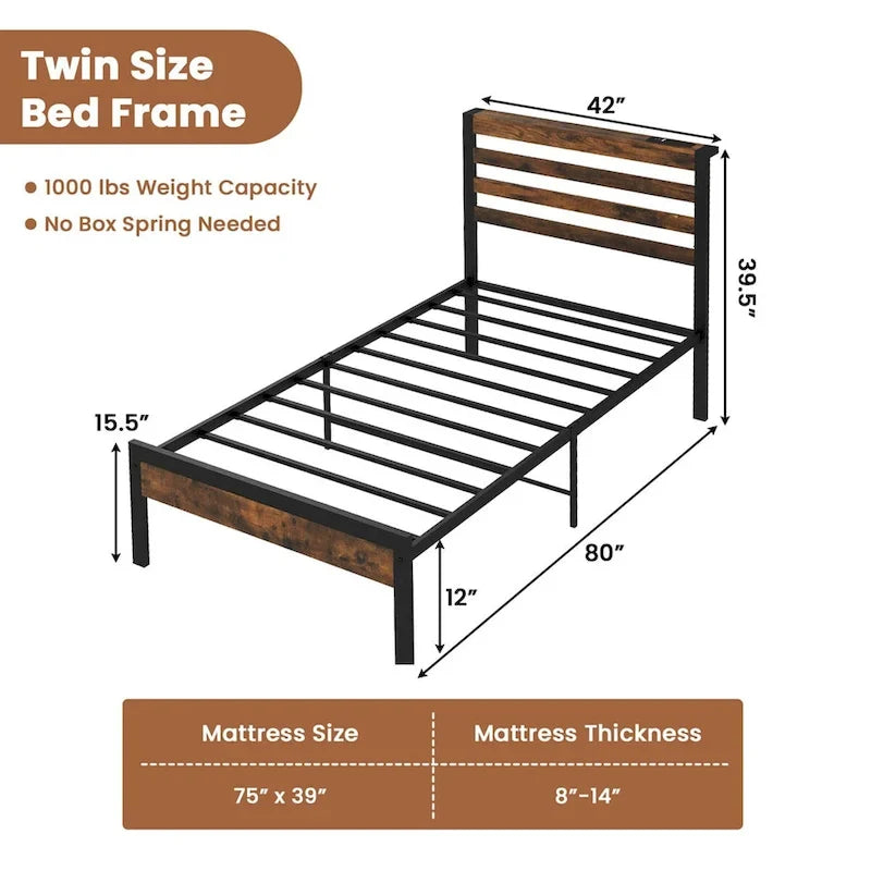 Industrial Metal Platform Bed Frame with Charging Station