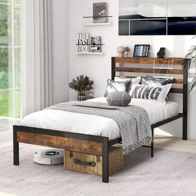 Industrial Metal Platform Bed Frame with Charging Station