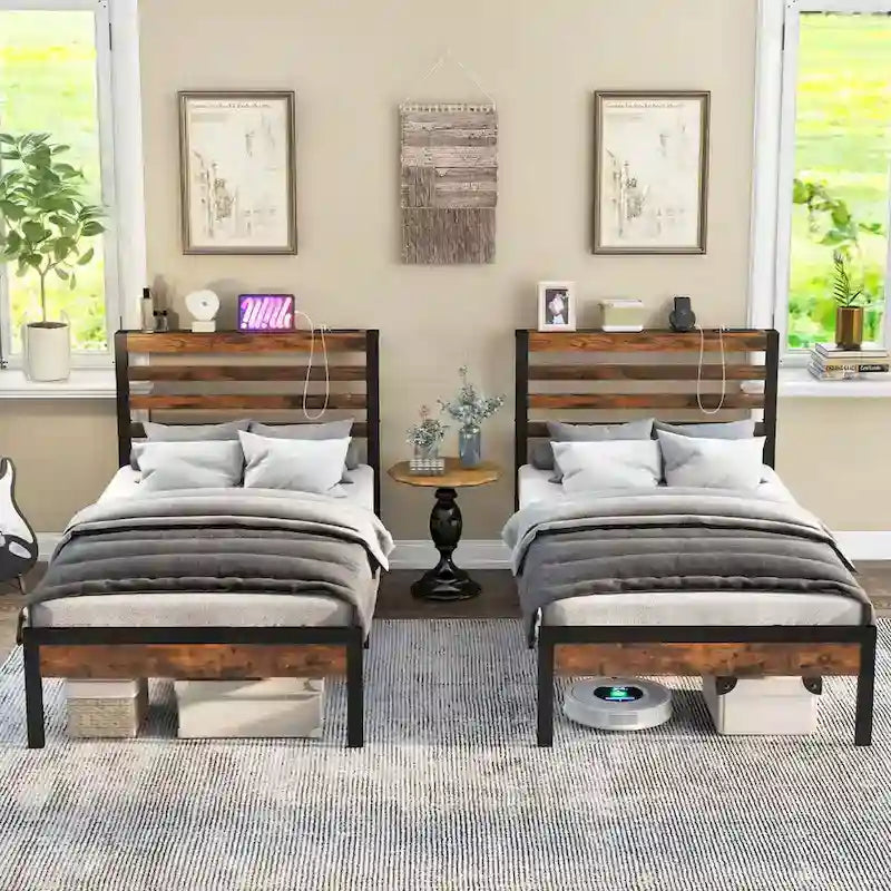 Industrial Metal Platform Bed Frame with Charging Station