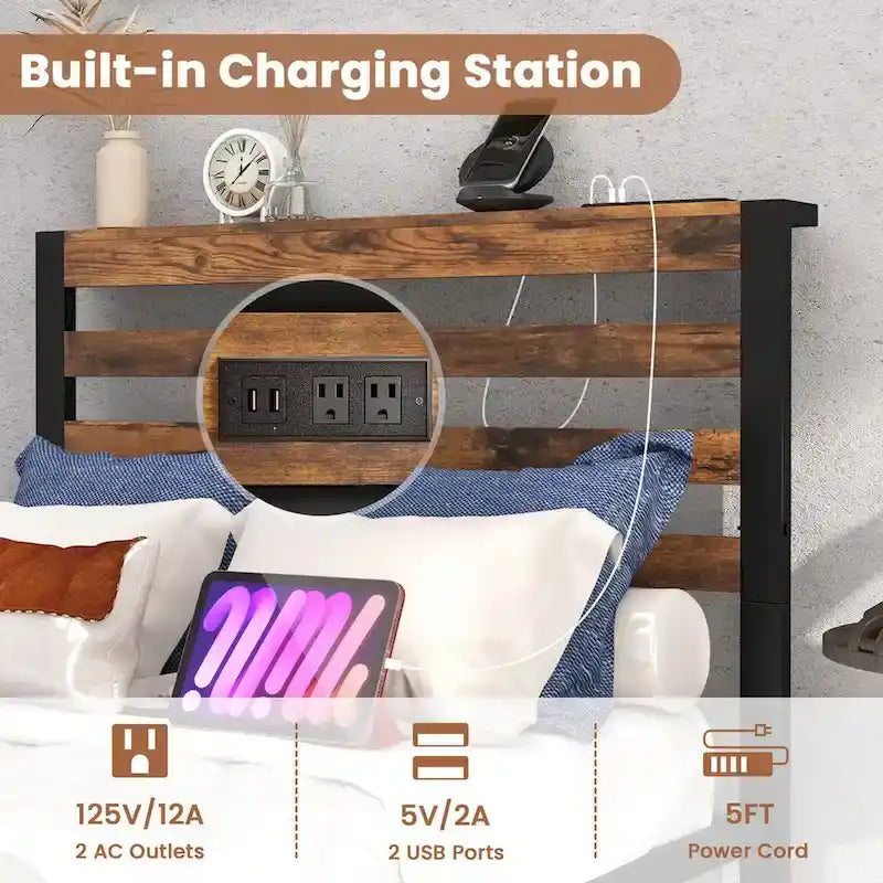 Industrial Metal Platform Bed Frame with Charging Station
