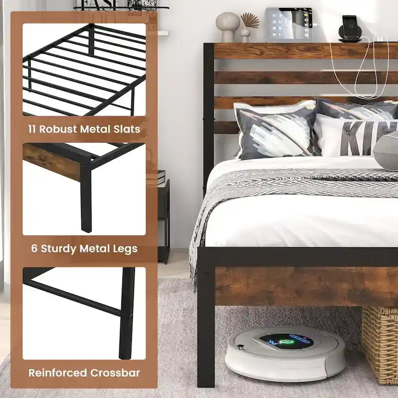 Industrial Metal Platform Bed Frame with Charging Station