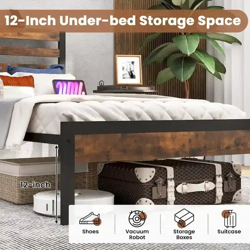 Industrial Metal Platform Bed Frame with Charging Station