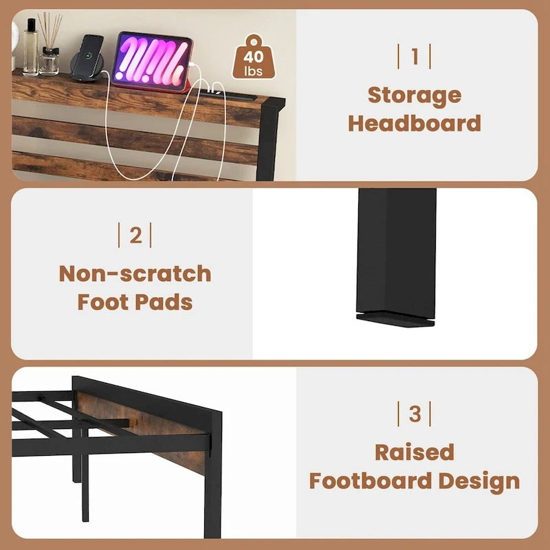 Industrial Metal Platform Bed Frame with Charging Station