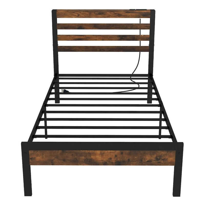 Industrial Metal Platform Bed Frame with Charging Station