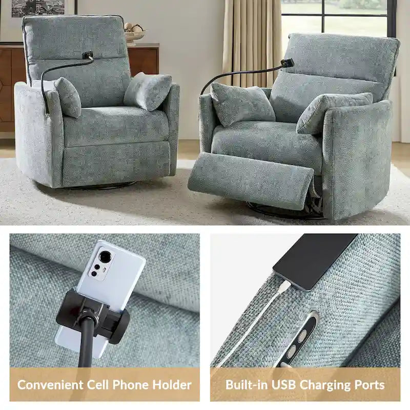 Modern 38" Power Rocking Swivel Nursery Recliner with USB Ports, Set of 2