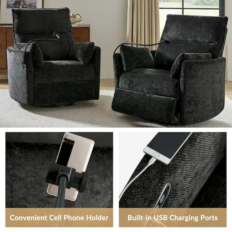Modern 38" Power Rocking Swivel Nursery Recliner with USB Ports, Set of 2