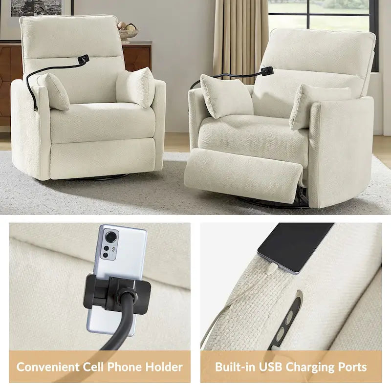 Modern 38" Power Rocking Swivel Nursery Recliner with USB Ports, Set of 2