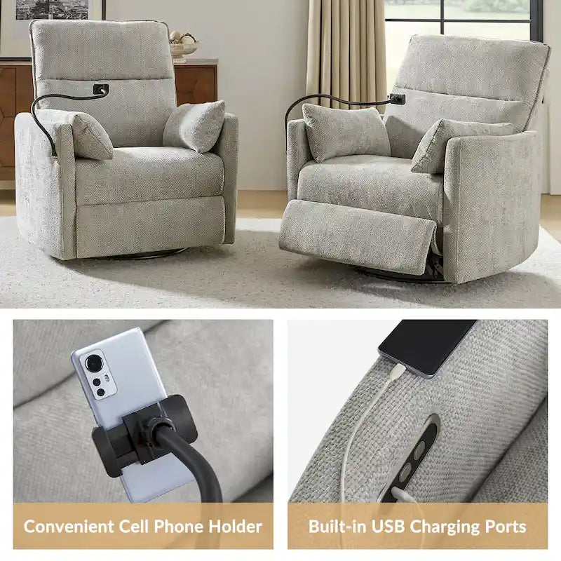 Modern 38" Power Rocking Swivel Nursery Recliner with USB Ports, Set of 2