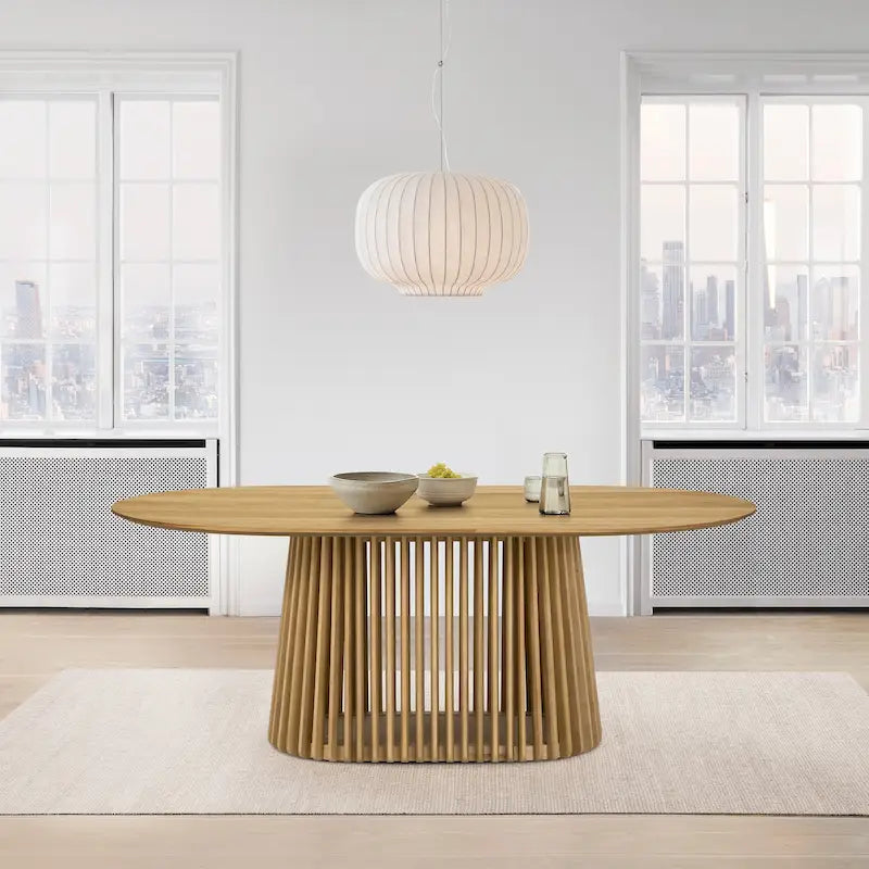 79" Solid Wood Oval Dining Table with Slatted Pedestal Base