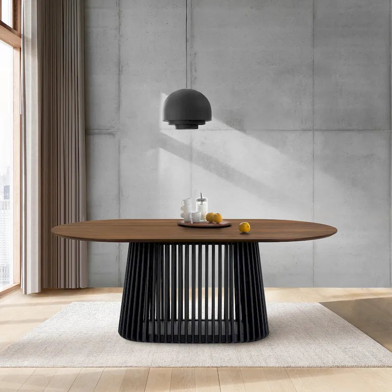 79" Solid Wood Oval Dining Table with Slatted Pedestal Base