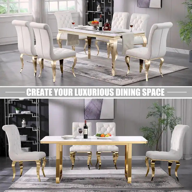 Luxury White Velvet Dining Chairs with Crystal Decor Button Tufted Back and Gold Metal Legs